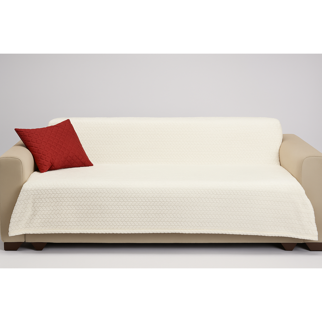 Set Patura Catifelata Ecru cu Model Impletit 220x150cm si fata de perna decorativa