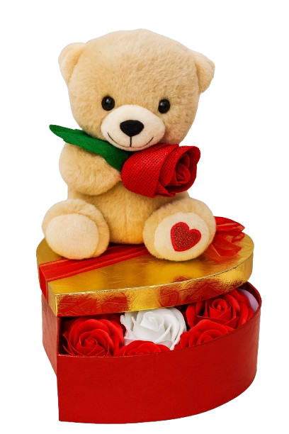 Set Cadou Ursuleț de Pluș cu Trandafiri din Spumă în Cutie Inimă