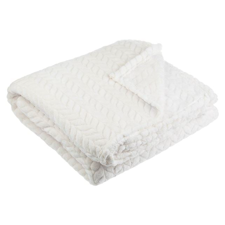 Set Patura Catifelata Ecru cu Model Impletit 220x150cm si fata de perna decorativa