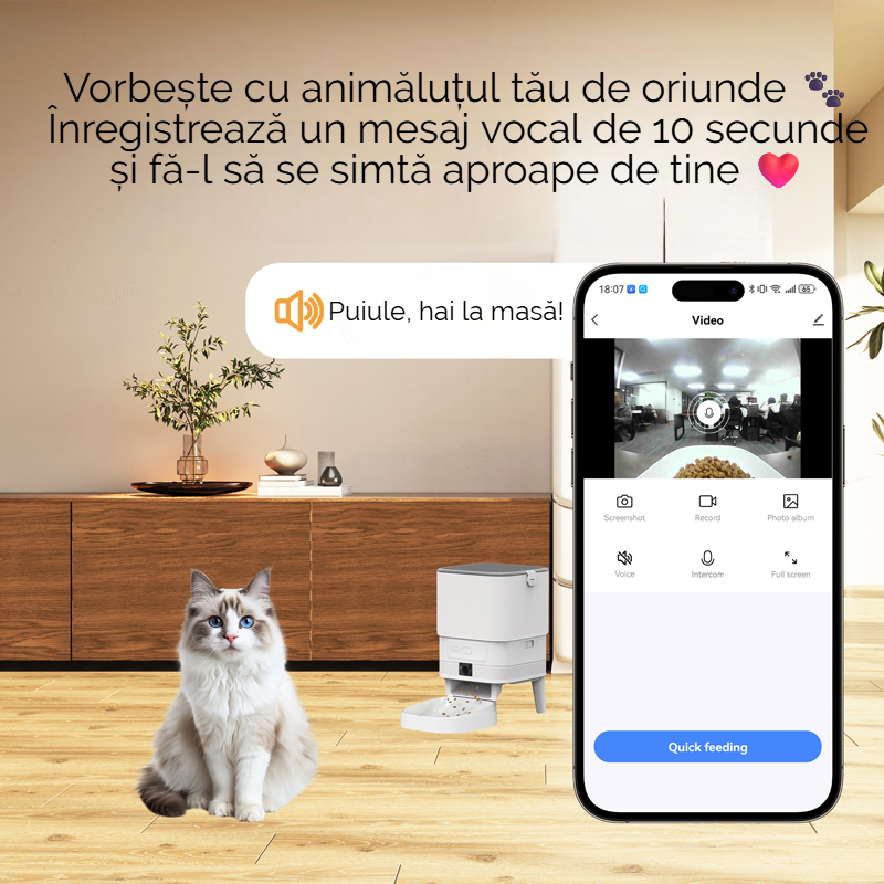 Hranitor Automat pentru Pisici si Caini cu WiFi, Camera Video si Audio