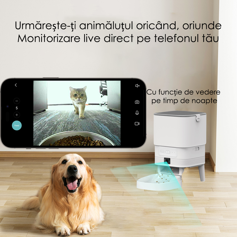 Hranitor Automat pentru Pisici si Caini cu WiFi, Camera Video si Audio