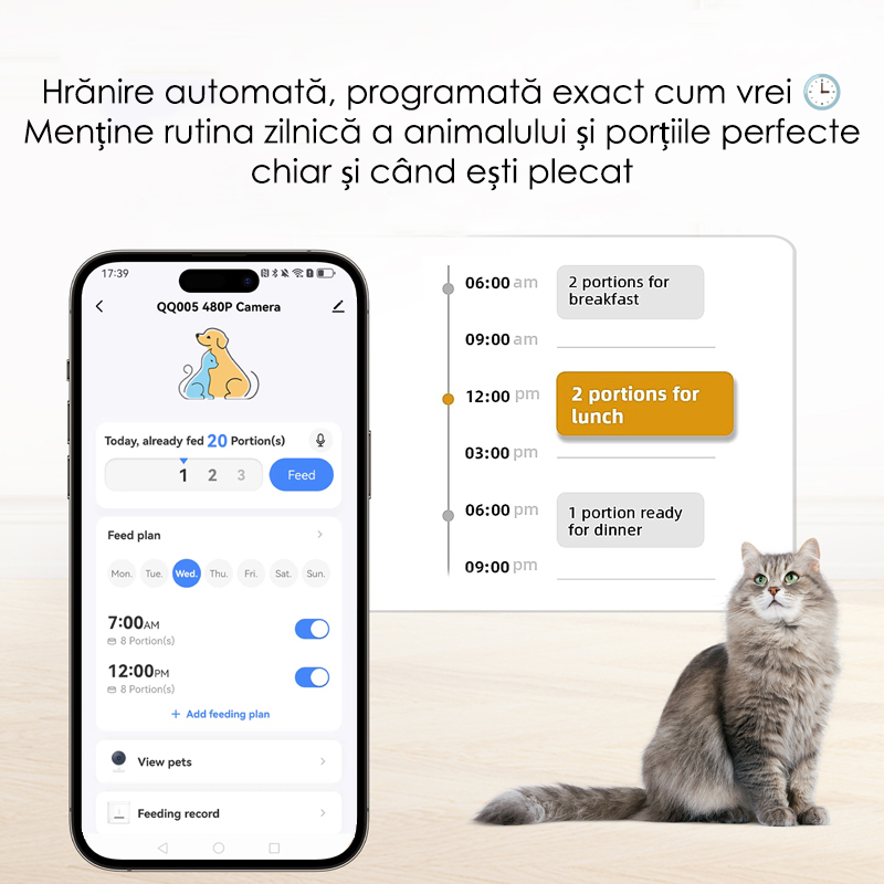Hranitor Automat pentru Pisici si Caini cu WiFi, Camera Video si Audio